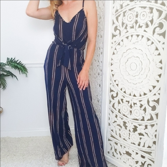 Navy Striped Knit Cami Front Tie Jumpsuit 1 LEFT - Picture 3 of 5